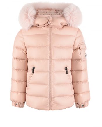 Розовая куртка-пуховик с меховой отделкой Moncler детская